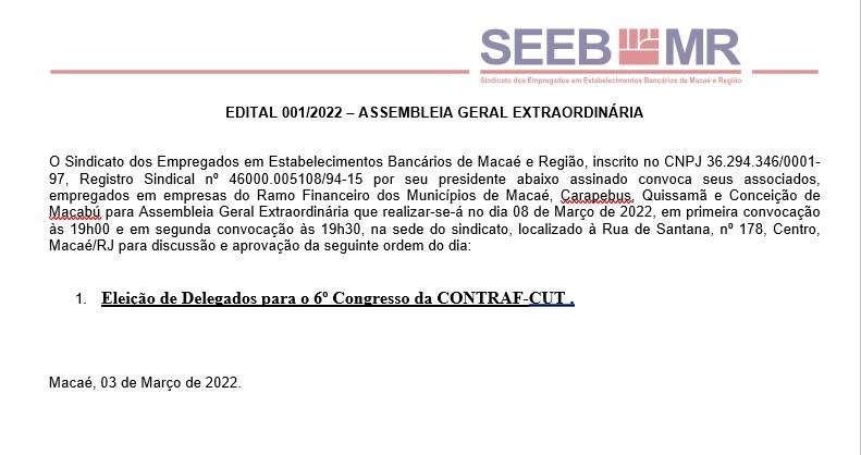 EDITAL 001/2022 – ASSEMBLEIA GERAL EXTRAORDINÁRIA