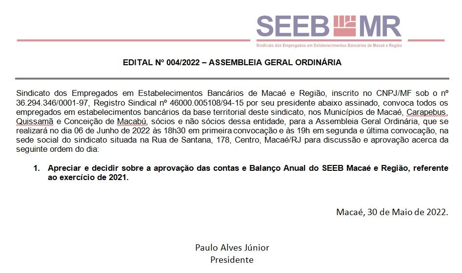 EDITAL Nº 004/2022 – ASSEMBLEIA GERAL ORDINÁRIA
