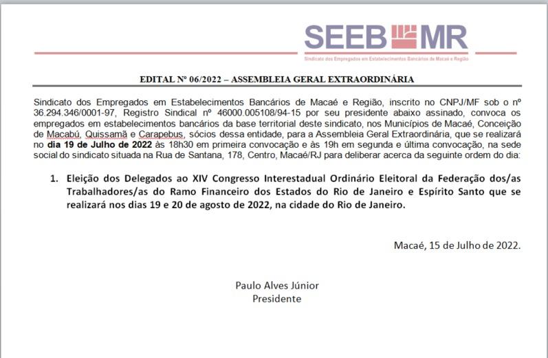 EDITAL Nº 06/2022 – ASSEMBLEIA GERAL EXTRAORDINÁRIA