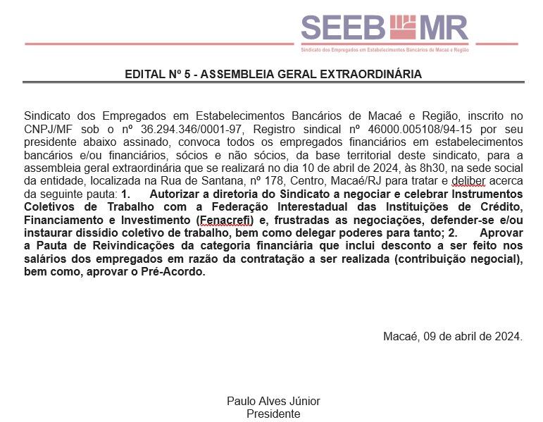 EDITAL Nº 5 - ASSEMBLEIA GERAL EXTRAORDINÁRIA - FINANCIÁRIOS