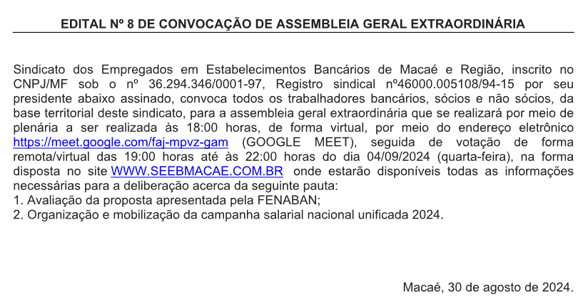 EDITAL Nº 8 DE CONVOCAÇÃO DE ASSEMBLEIA GERAL EXTRAORDINÁRIA