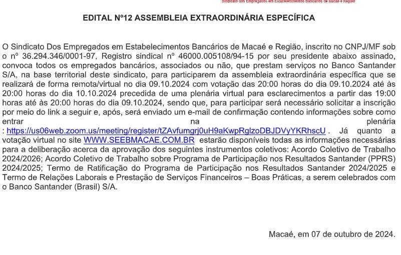 EDITAL Nº12 ASSEMBLEIA EXTRAORDINÁRIA ESPECÍFICA
