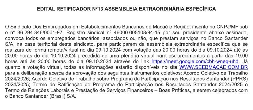 EDITAL RETIFICADOR Nº13 ASSEMBLEIA EXTRAORDINÁRIA ESPECÍFICA