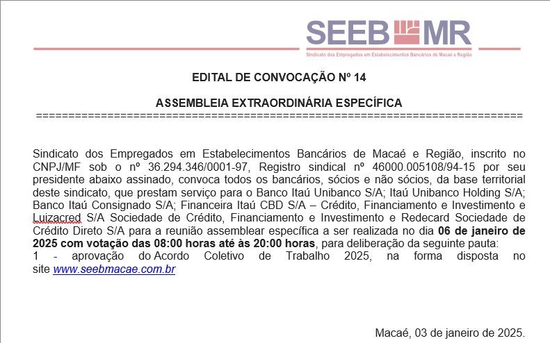 ASSEMBLEIA EXTRAORDINÁRIA ESPECÍFICA - ITAÚ