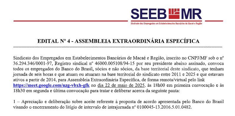 EDITAL Nº 4 - ASSEMBLEIA EXTRAORDINÁRIA ESPECÍFICA